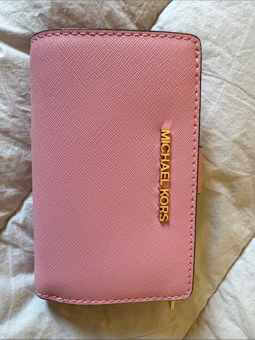 Michael Kors Rose Pink Saffiano Leather Zip Wallet with Gold Logo